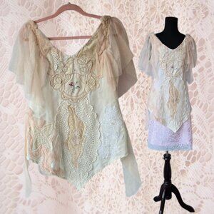 Handmade Lace Embroidered Rose & Crochet Asymmetric Blouse Romantic Fairycore